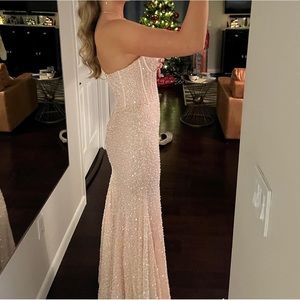 Light pink strapless corset prom dress with pearl beding